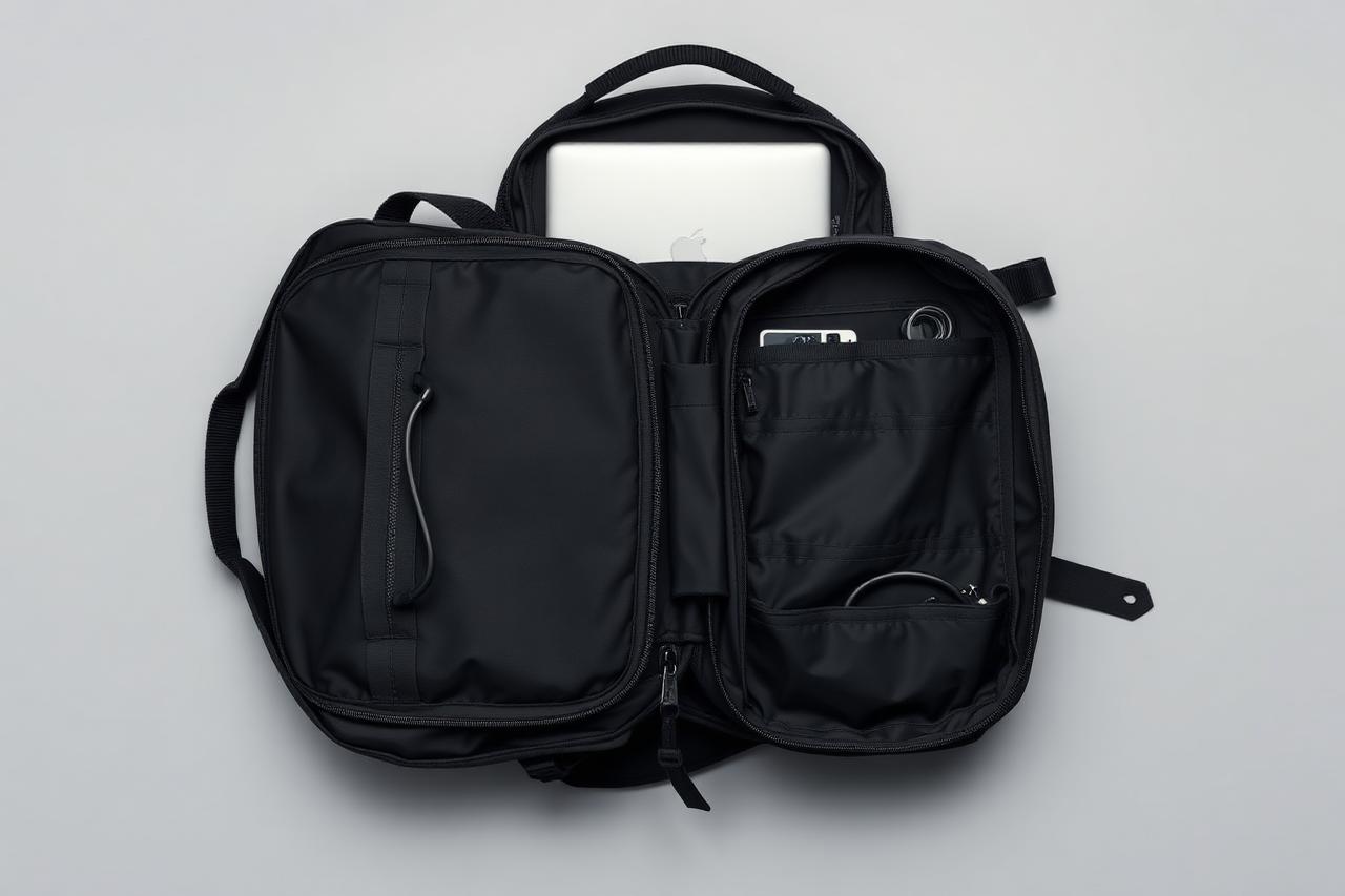 Mochila tech T71 aberta mostrando compartimento de notebook e bolsos de cabos
