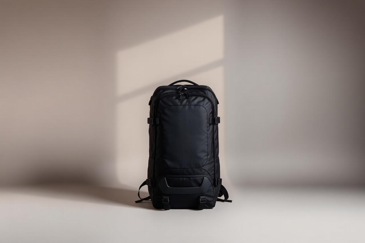 Mochila tech T71 preta em estúdio, vista frontal
